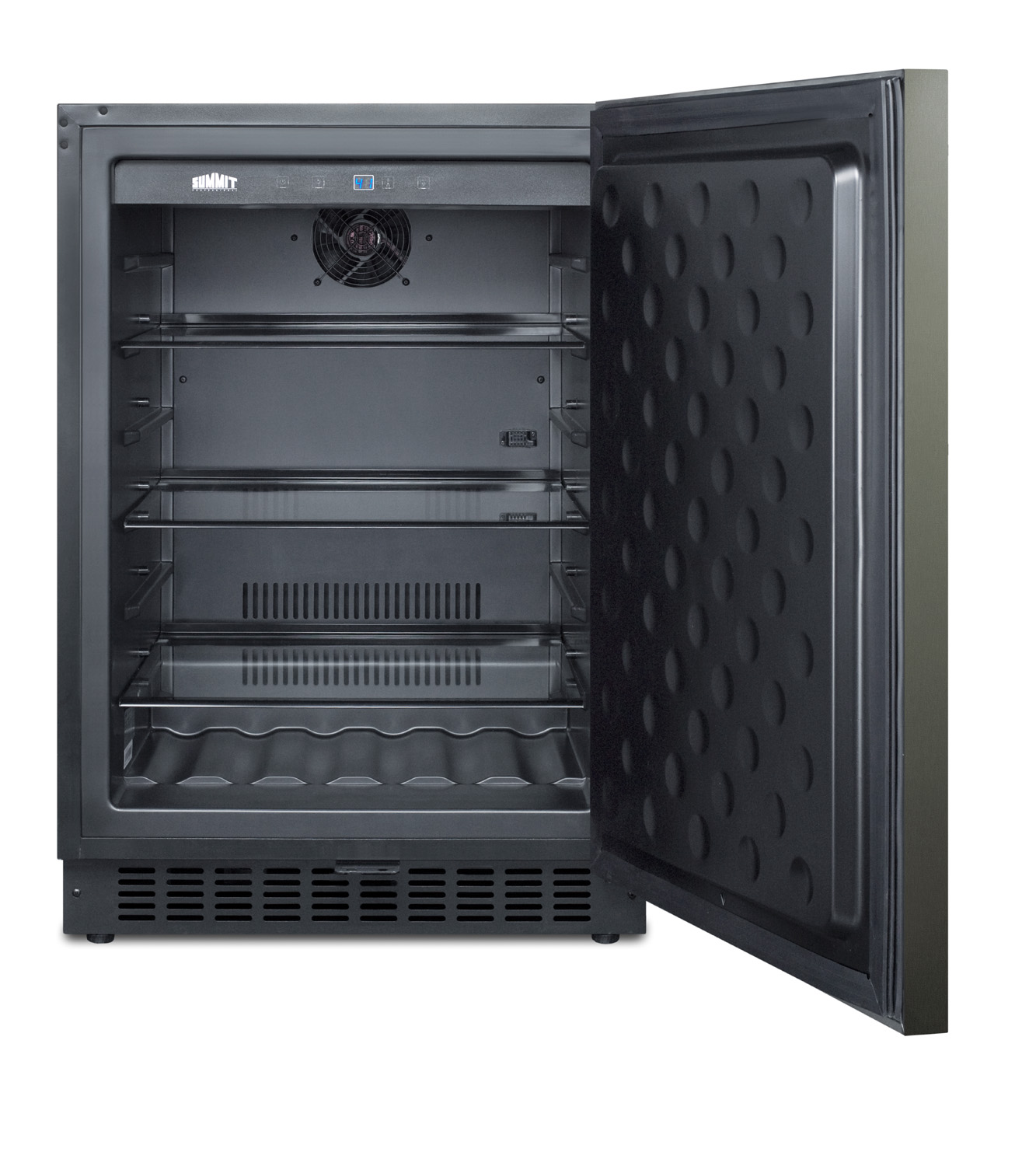 Built-in undercounter all-refrigerator for residential or commercial use, frost-free w/black stainless steel wrapped door, horizontal handle, and black cabinet
